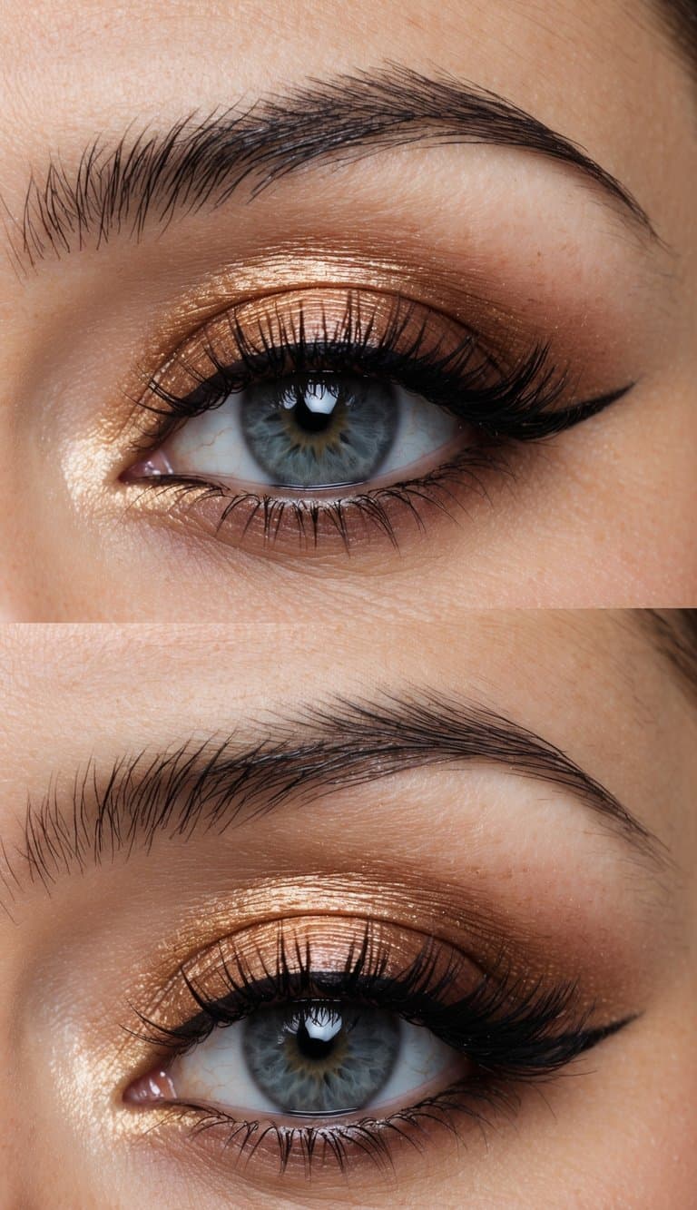 A close-up of a grey eye with elegant and striking brushed copper eye makeup