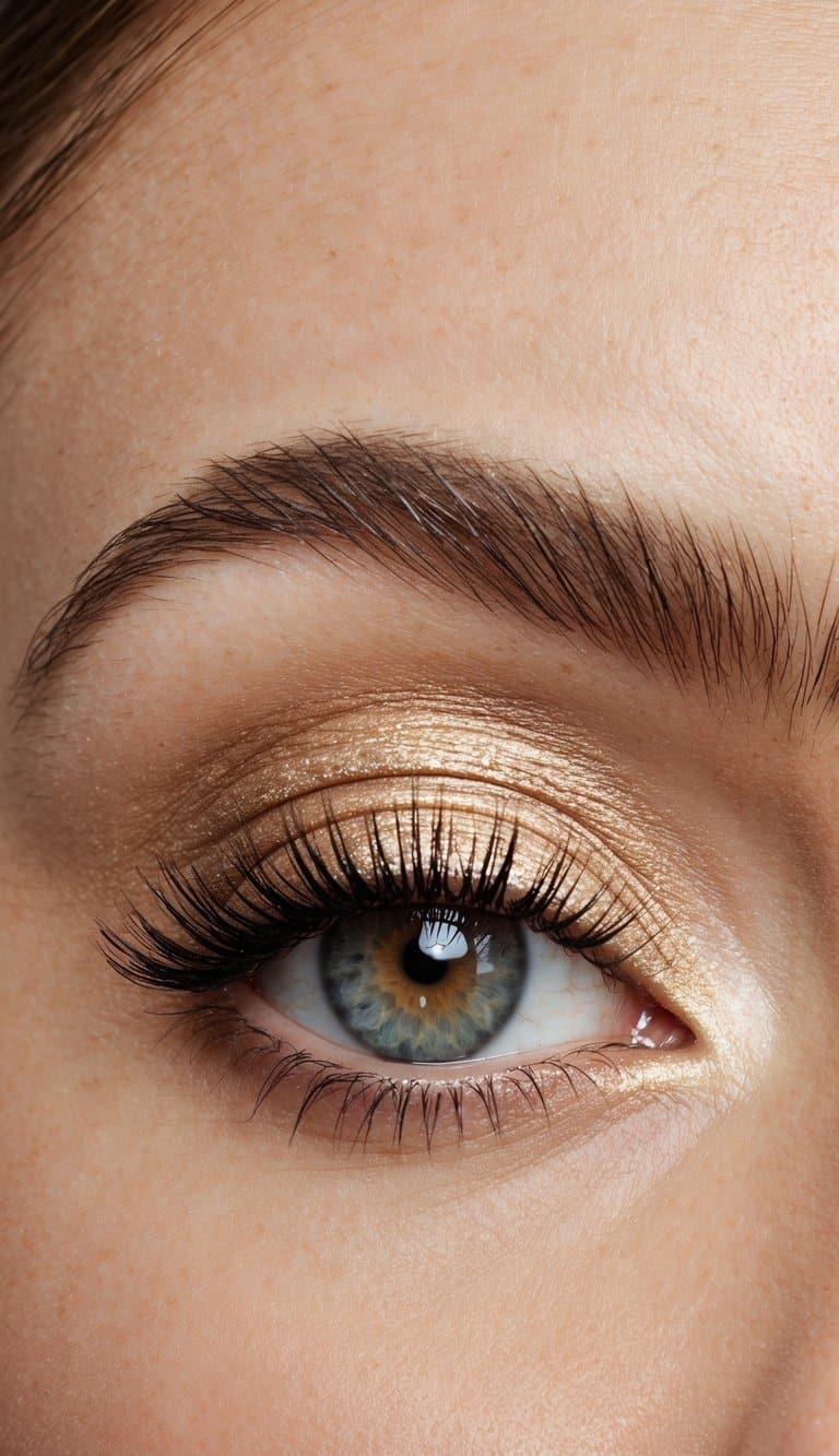 A close-up of a glamorous eye with champagne shimmer highlight, emphasizing sophistication and long-lasting elegance