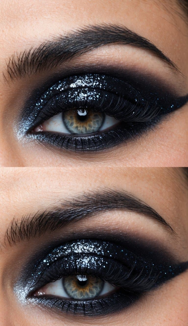 A close-up of a dramatic, smokey eye makeup look with midnight black glitter, exuding glamour and boldness