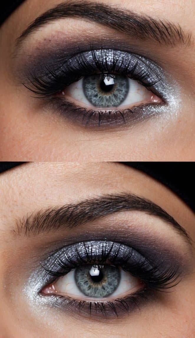 A close-up of a grey eye with moonstone sparkle effect eye makeup, creating an elegant and striking look