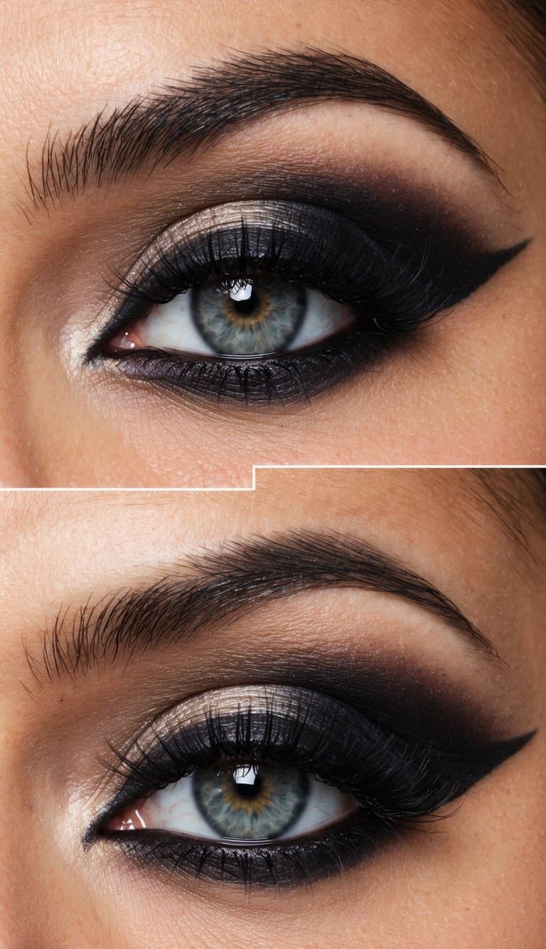 A close-up of a glamorous eye with a bold and smokey makeup look, featuring an elegant matte finish