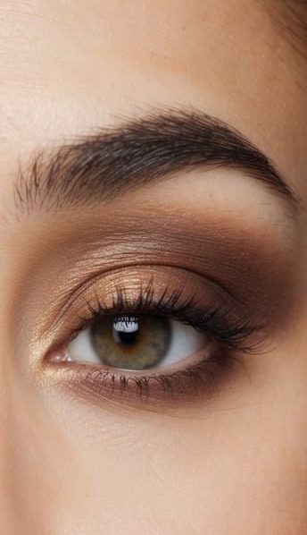 A close-up of a pair of eyes with a matte brown eyeshadow gradient, creating a sophisticated and long-lasting makeup look