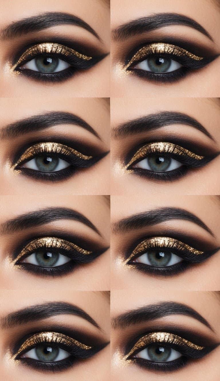 A glamorous and bold eye makeup look with smokey eyes and shimmering gold accents