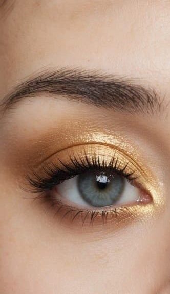 A close-up of a pair of grey eyes with elegant and striking honey gold overlay eye makeup