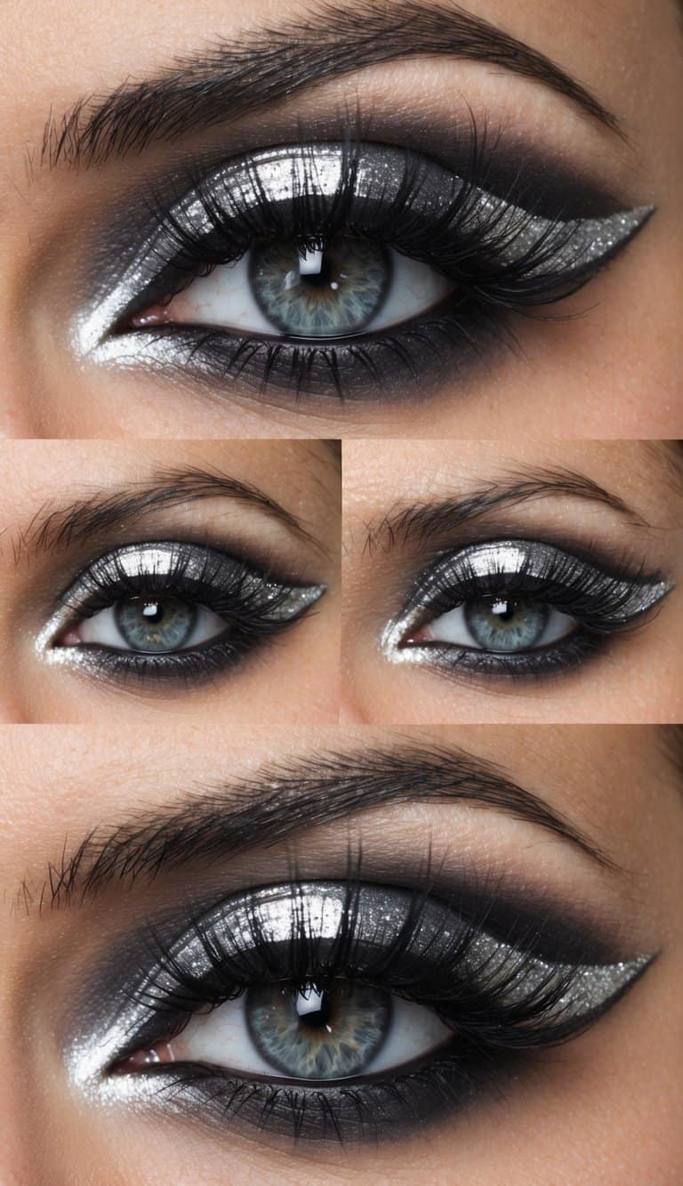 A close-up of a dramatic eye with silver foil accents, bold smokey eyeshadow, and glamorous lashes