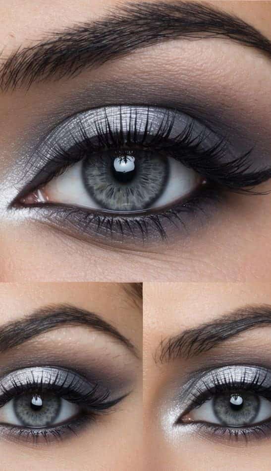 A close-up of a grey eye with silver teardrop accents, surrounded by elegant and striking eye makeup in various shades
