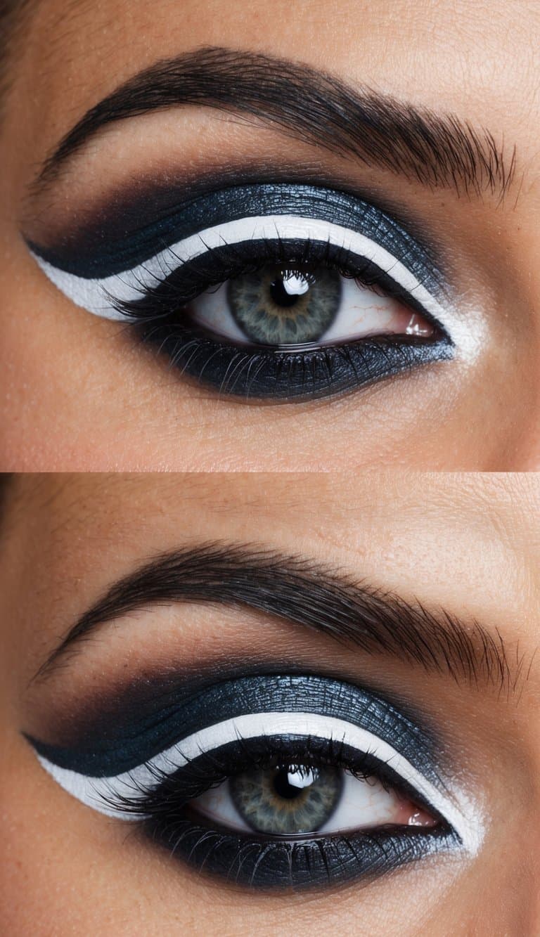 A sultry, glamorous eye with smokey eyeshadow and ethereal white liner, creating a bold and alluring night-out look