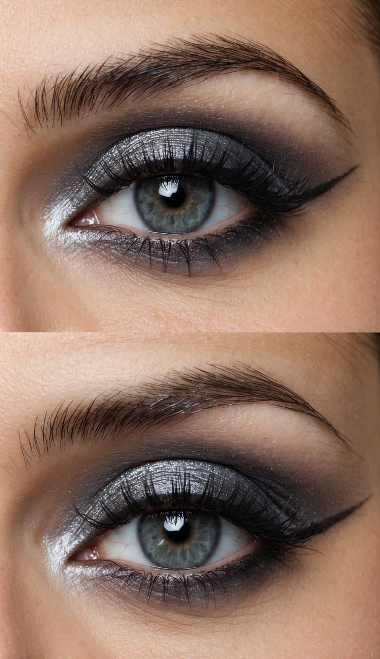 A close-up of a glistening graphite base eye makeup look for grey eyes, featuring elegant and striking details