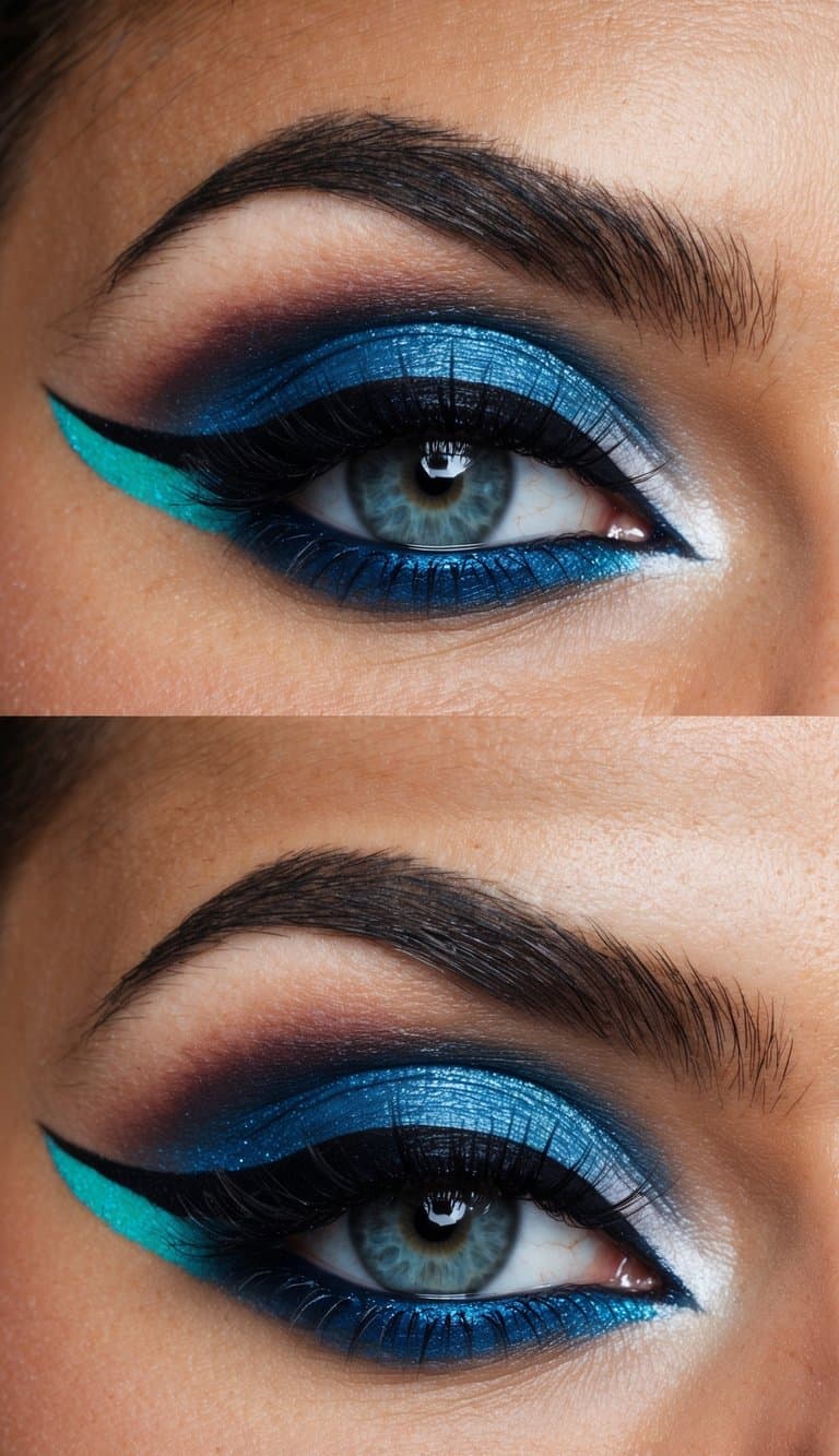 A glamorous and bold eye makeup look with smokey eyes and neon underliners under a night sky filled with twinkling stars