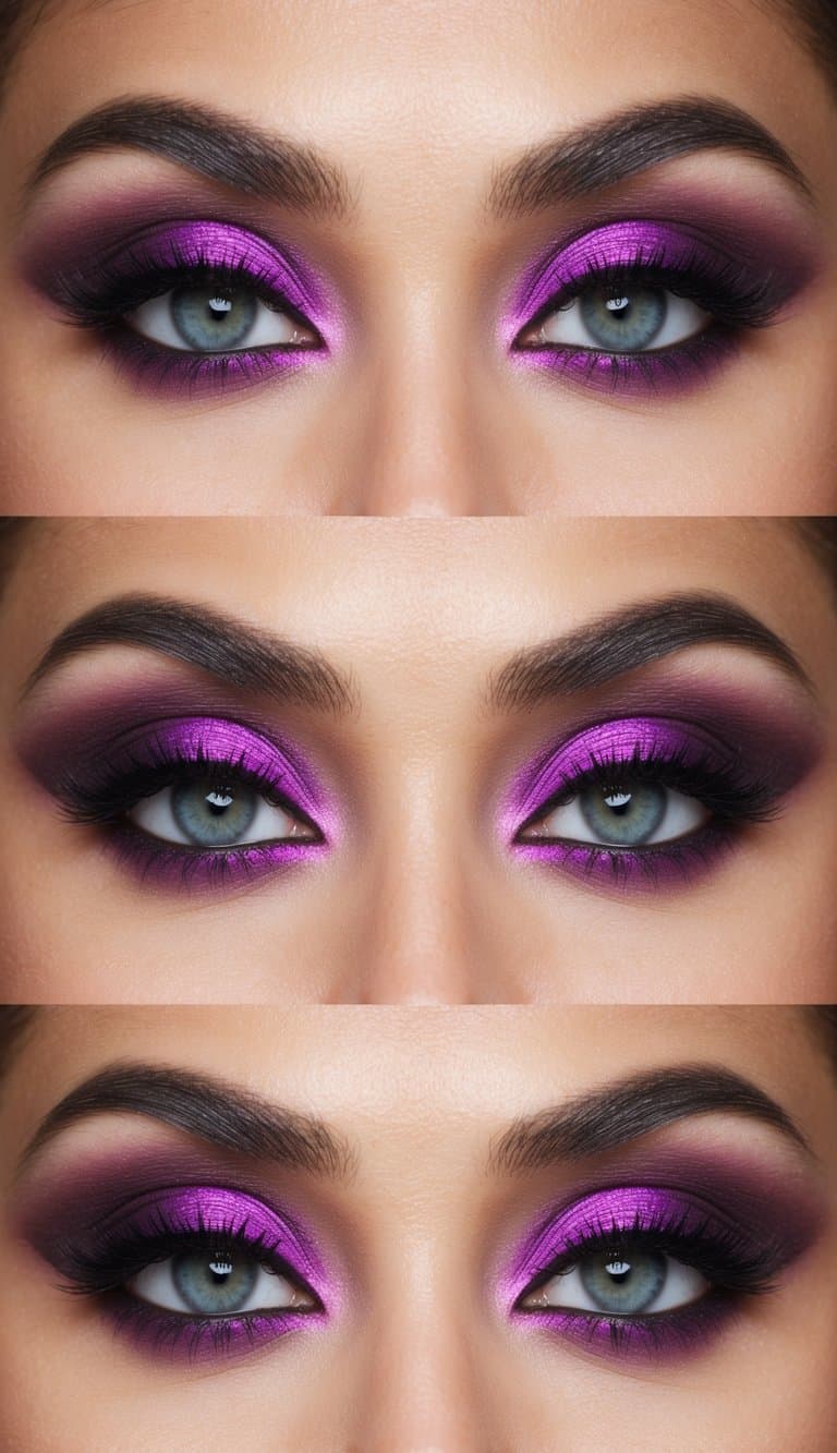A close-up of a glamorous and bold eye makeup look with purple smokey eyes and a smudged effect