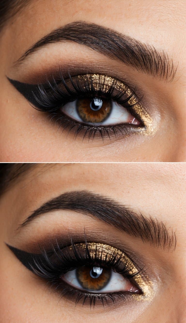 A woman's eye with dark brown smokey eye makeup, shimmering gold accents, and dramatic eyelashes