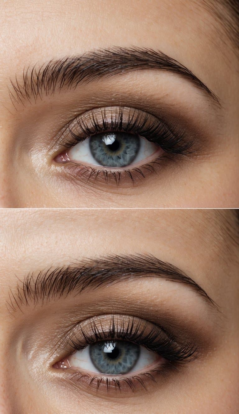 A close-up of a grey eye with an elegant and striking ash brown eyeshadow crease