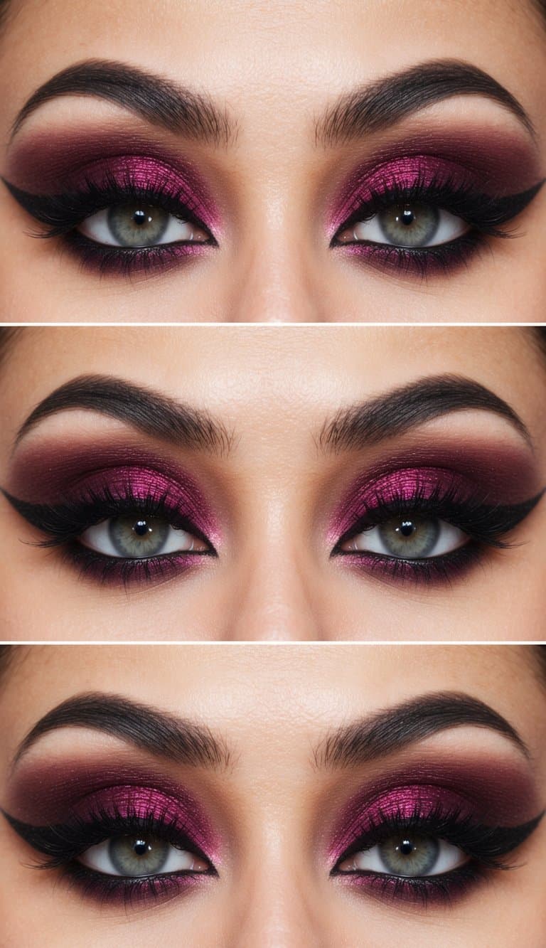 A close-up of a dramatic eye with burgundy shadows and smokey eyeliner, exuding glamour and boldness