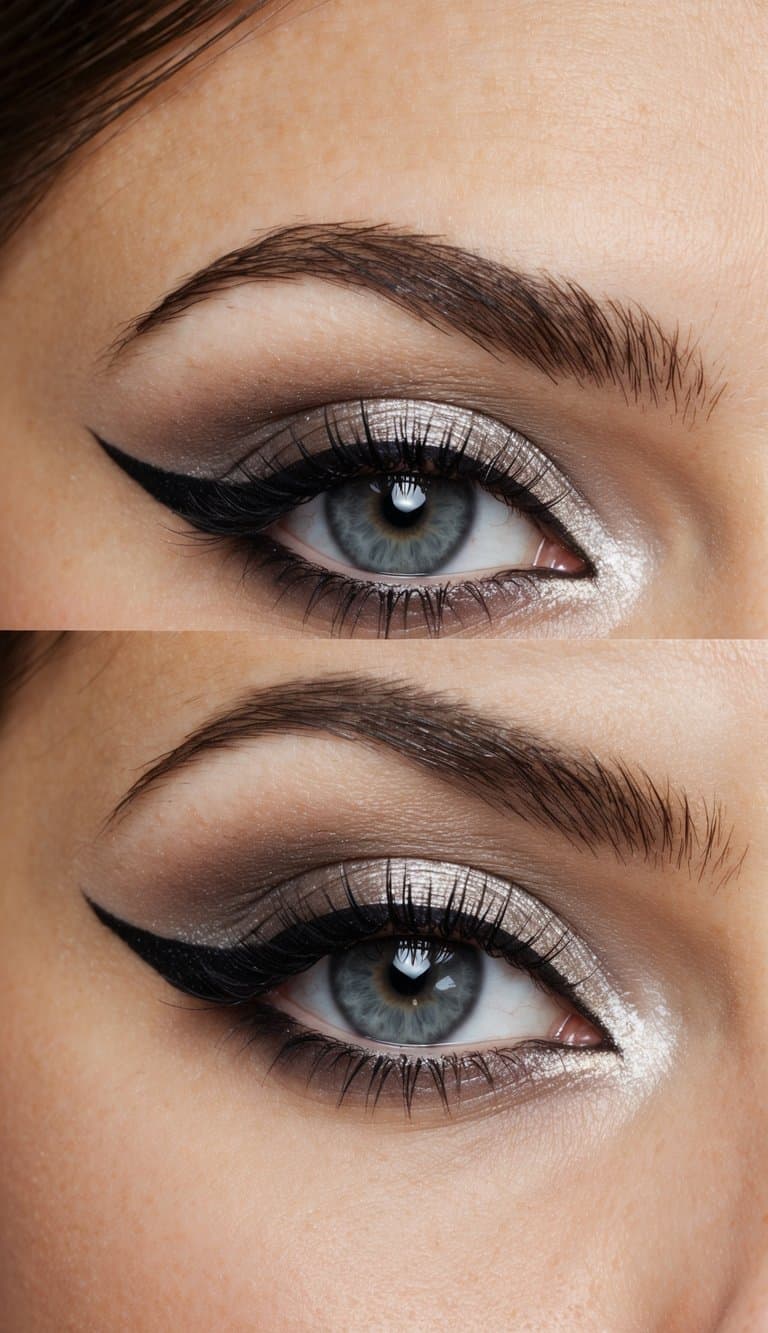 A close-up of a grey eye with a shimmering pearl edge, surrounded by elegant and striking eye makeup in various shades and styles