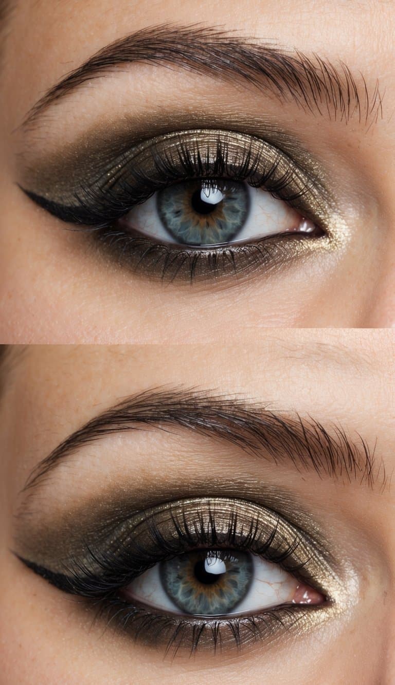A close-up of a pair of grey eyes with metallic earth tint eye makeup, exuding elegance and striking beauty