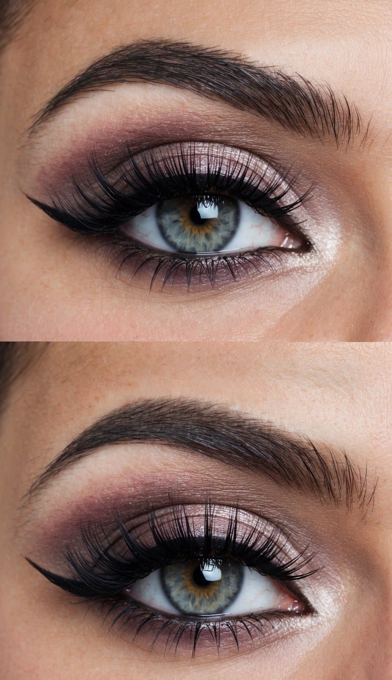 A close-up of a pair of eyes with dramatic and glamorous smokey eye makeup in dusky mauve shades, with bold and defined eyeliner and lash extensions