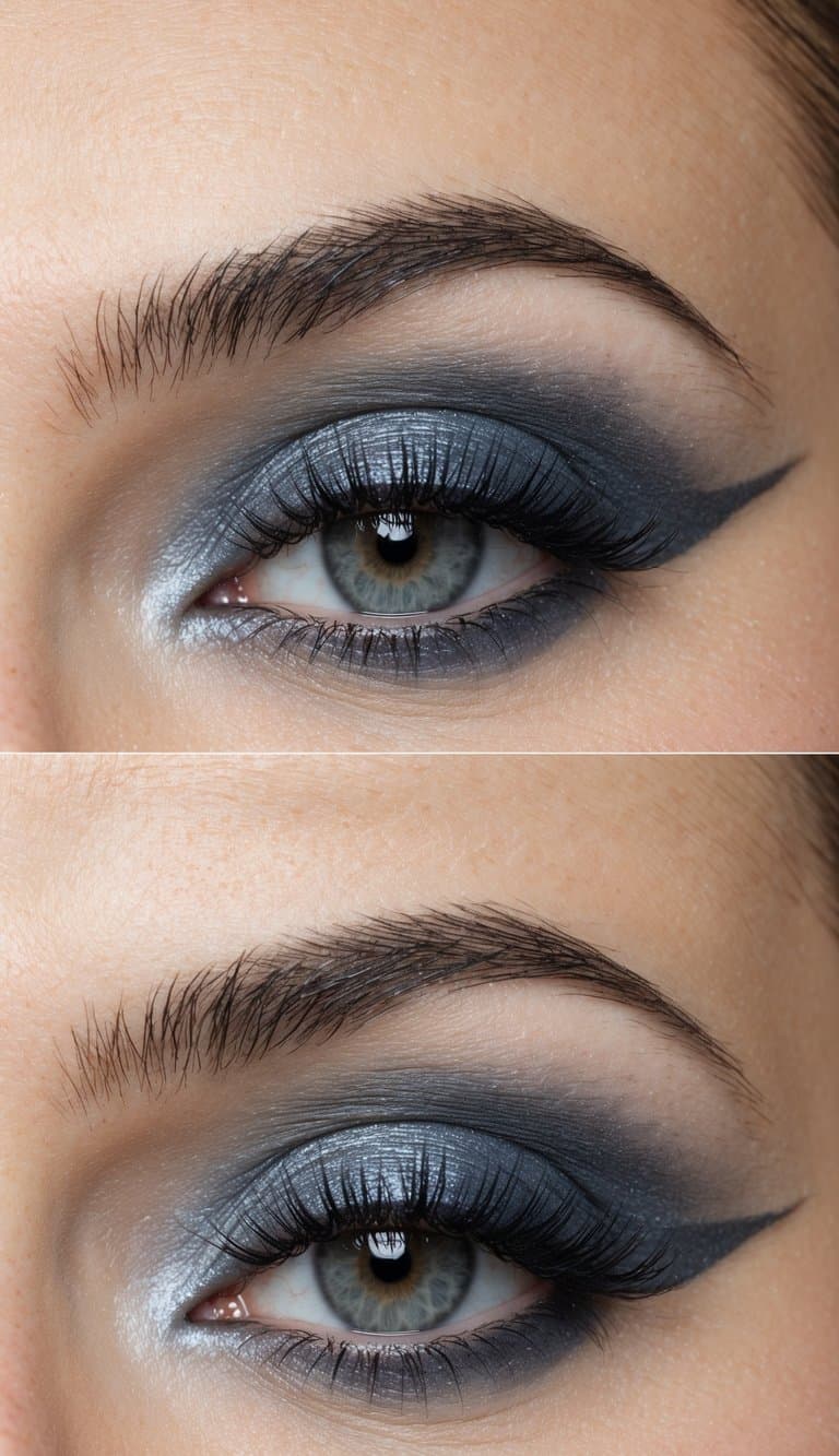 A close-up of a bluish-grey sweep of eye makeup, elegant and striking