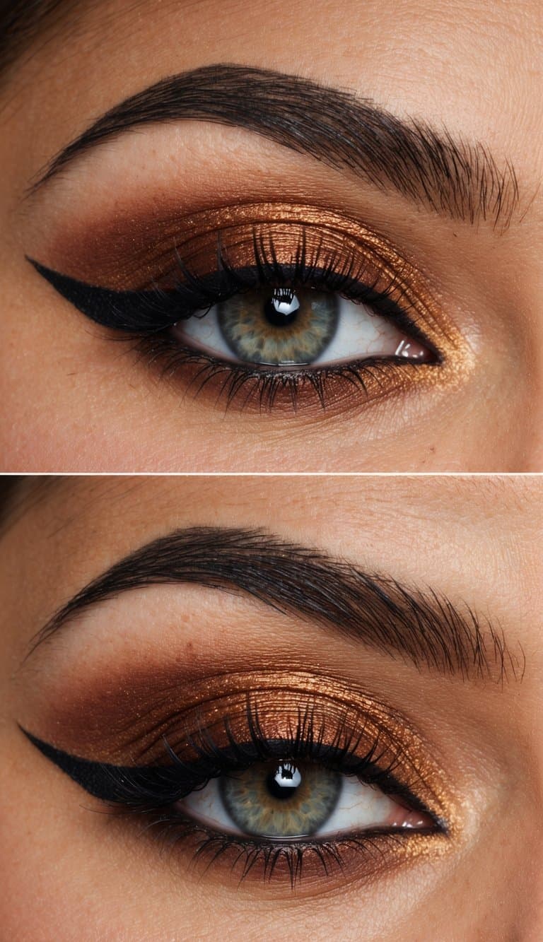 A close-up of a dramatic eye with velvet rust-colored smokey eyeshadow, bold eyeliner, and shimmering accents