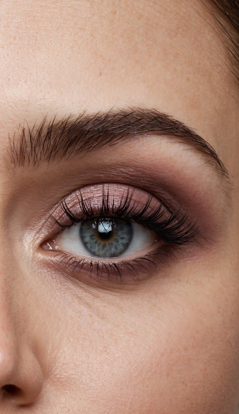 A close-up of a dusky rose eye makeup look for grey eyes, with elegant and striking details