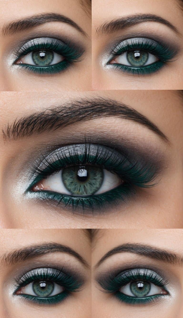 A close-up of grey eyes with emerald green lashes, surrounded by elegant and striking eye makeup