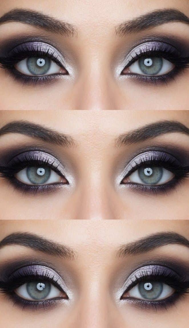 A close-up of a pair of grey eyes with elegant and striking eye makeup, set against a serene and starry night sky
