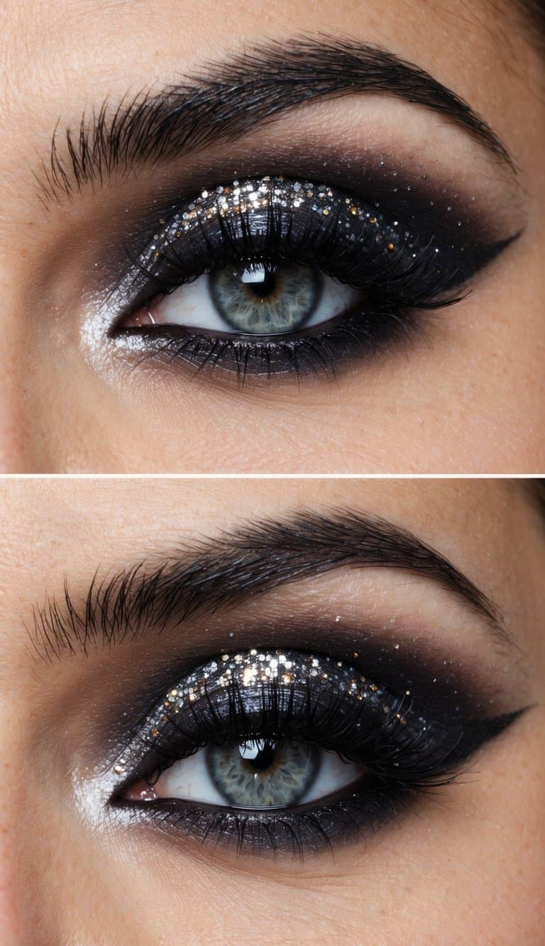A close-up of a dramatic eye makeup look with smokey eyes and shimmering sparkles, exuding glamour and boldness