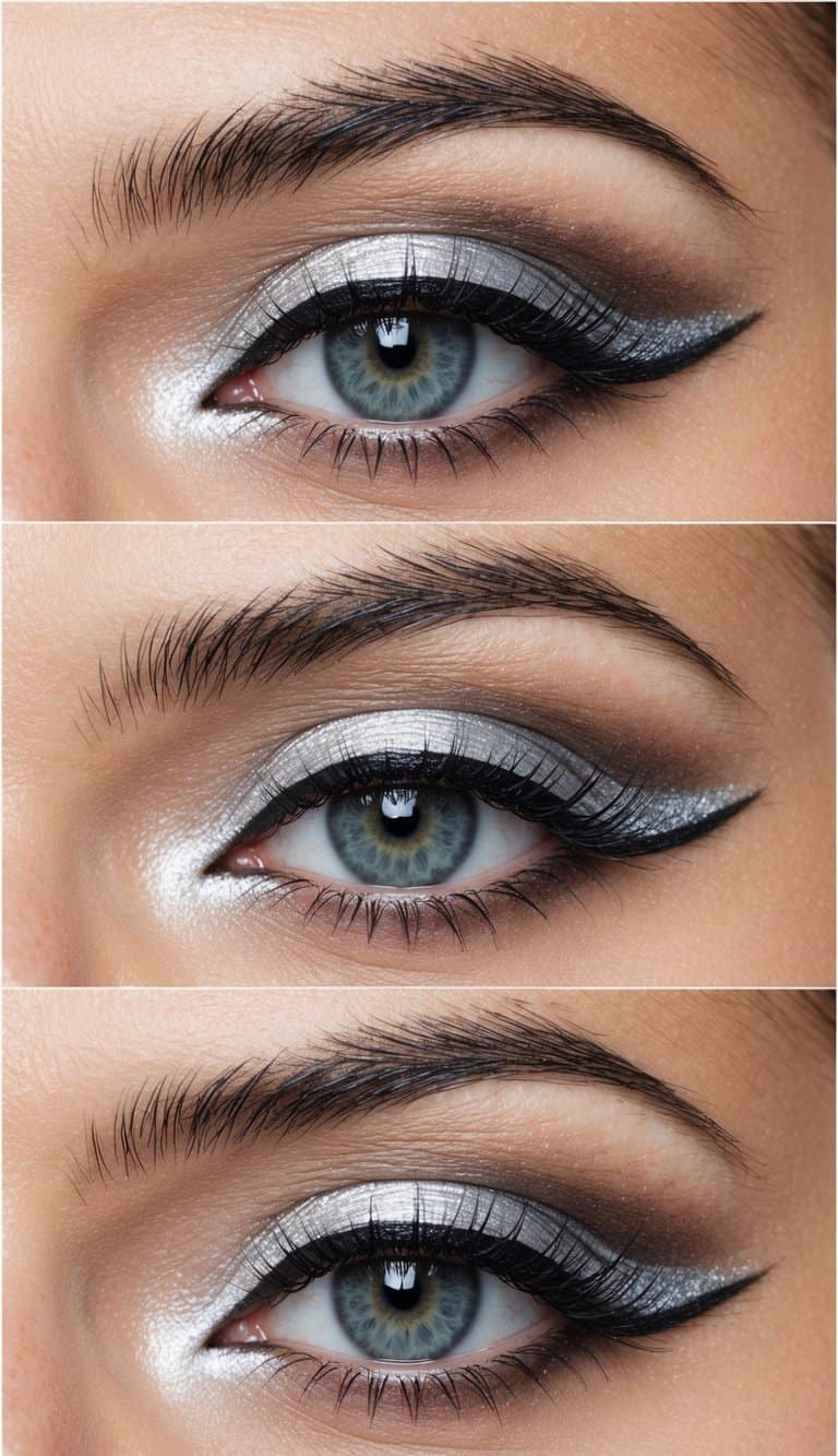 A close-up of an eye with a silver liner on the waterline, surrounded by sophisticated and long-lasting eye makeup