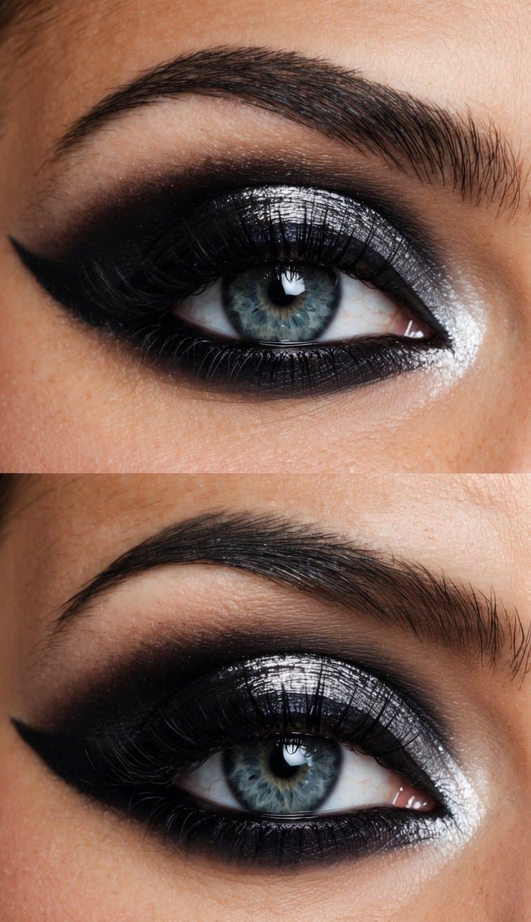 A close-up of a dramatic eye with a high-gloss finish, featuring bold and glamorous smokey eye makeup in shades of black and silver