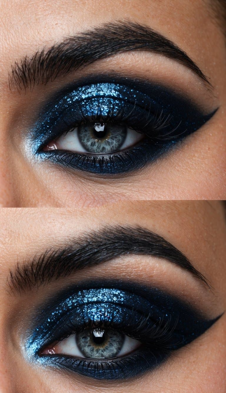 A close-up of a dramatic, glittery eye makeup look with bold and smokey eyeshadow, creating a glamorous and captivating effect