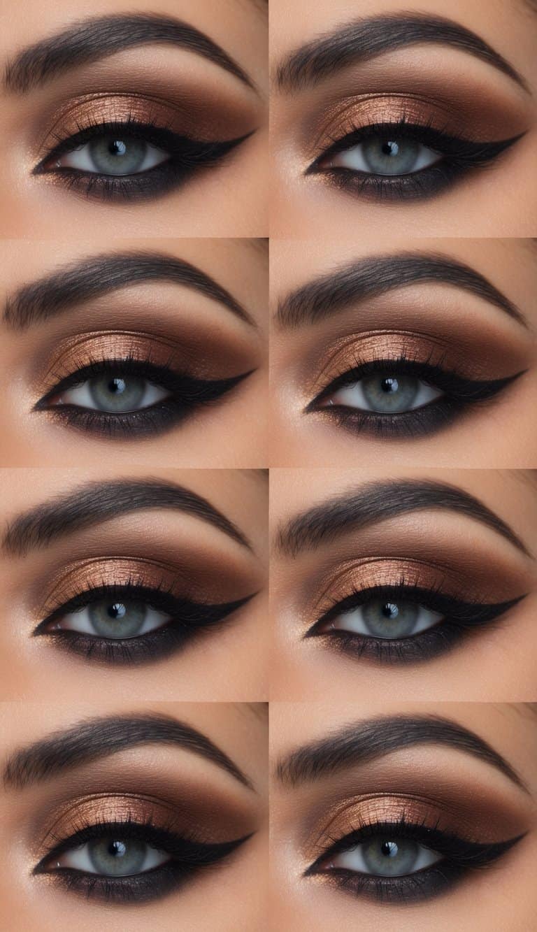 A close-up of a dramatic smokey eye makeup look with rich mocha tones and bold eyeliner, creating a glamorous and striking effect