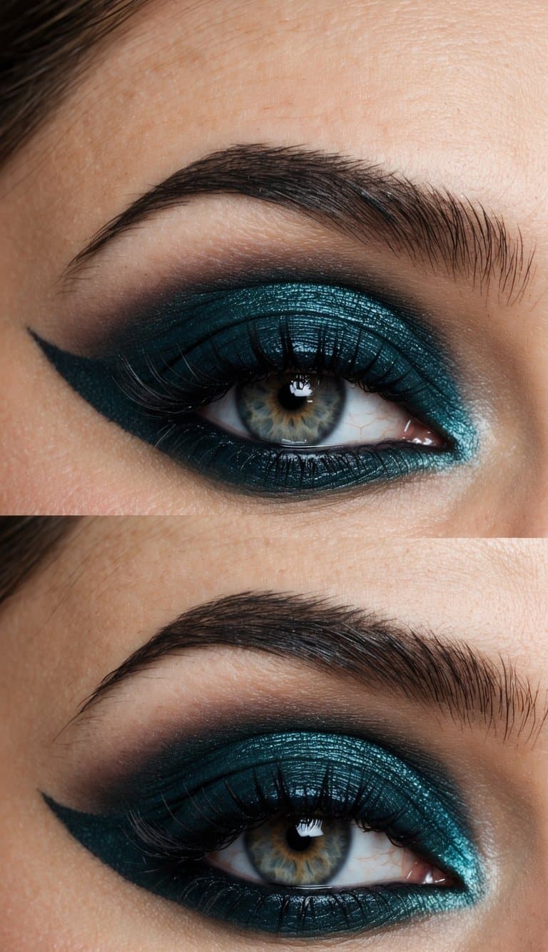 A woman's eye with deep teal eyeshadow, bold eyeliner, and smoky eye makeup, creating a glamorous and dramatic look for a night out
