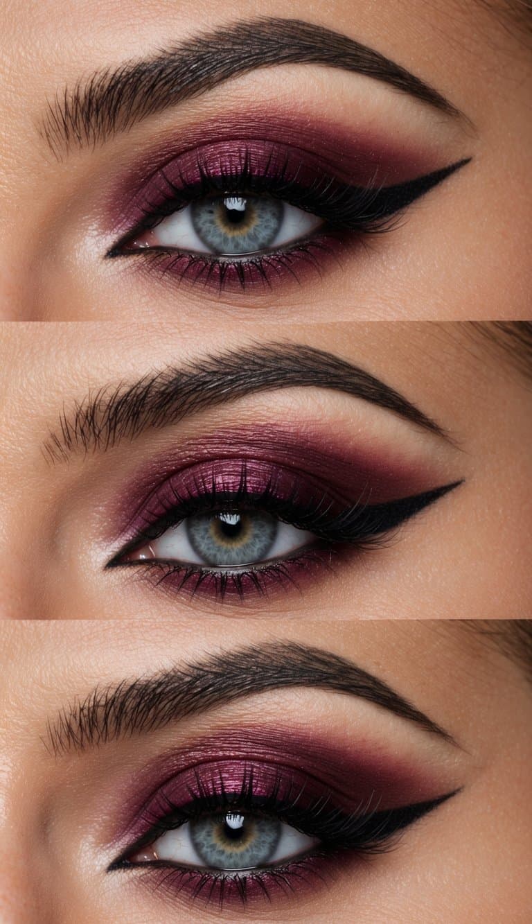Burgundy eyeshadow palette with smudged liner and gradient effect