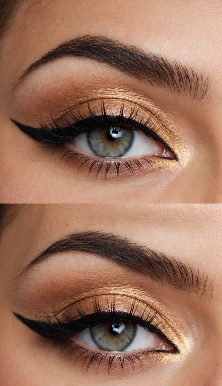 A close-up of a dramatic eye makeup look with peach and gold tones, featuring a smoky eye and bold eyeliner for a glamorous night out