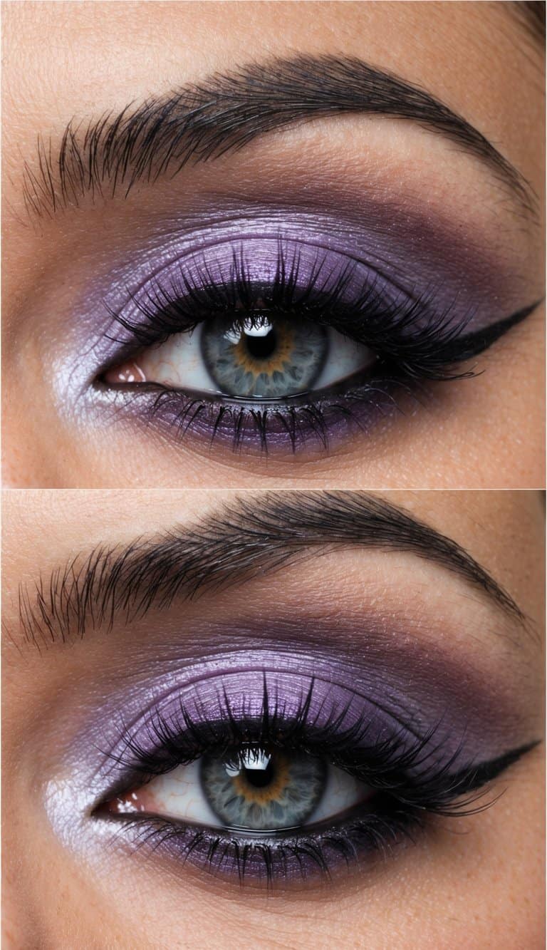 A close-up of a dramatic eye with lavender and smoky eye makeup, highlighted with shimmer and bold eyeliner