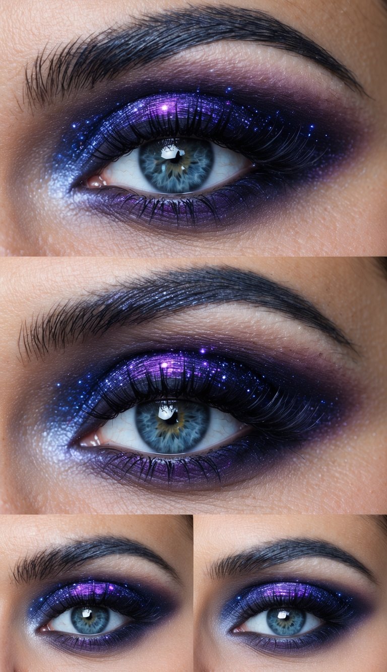 A swirling galaxy of deep purples and blues, cosmic and celestial in nature, with shimmering stars and nebulae scattered throughout