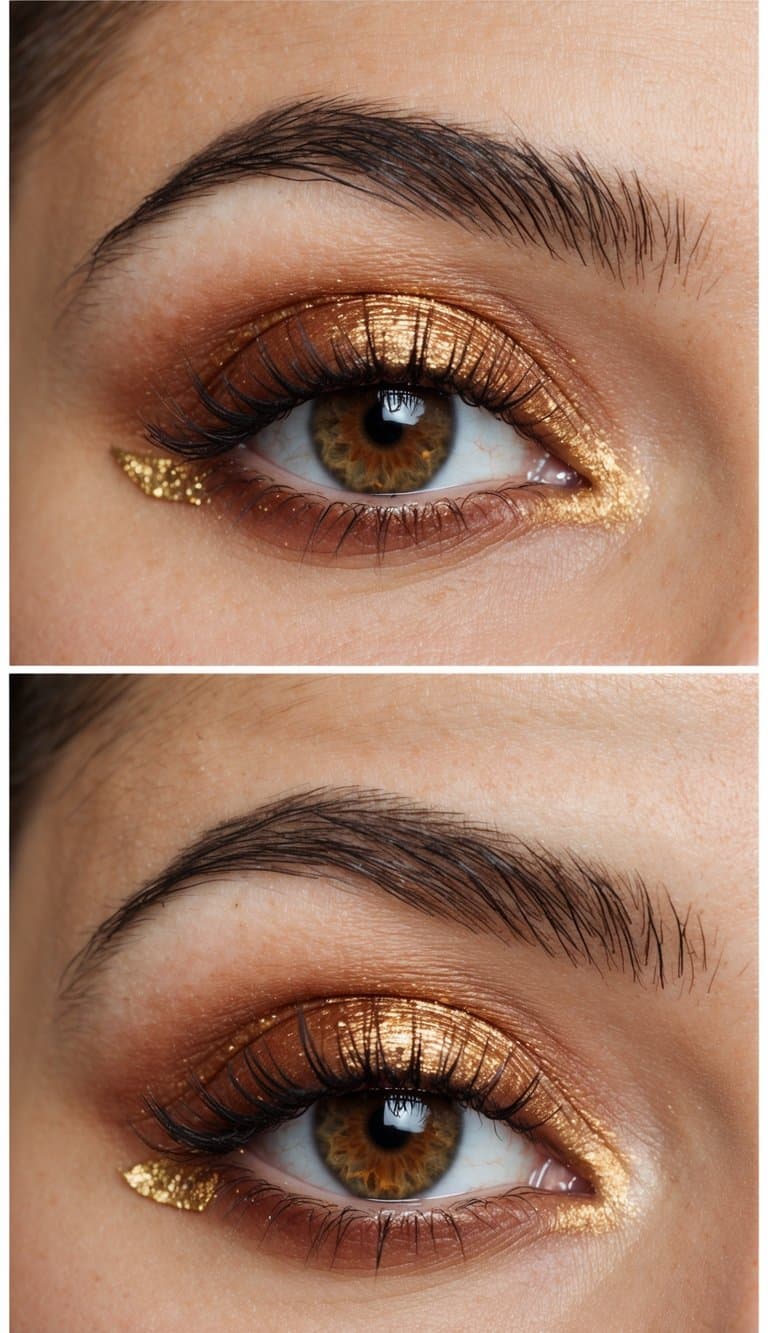 A close-up of an eye with rust-colored eyeshadow and gold foil accents