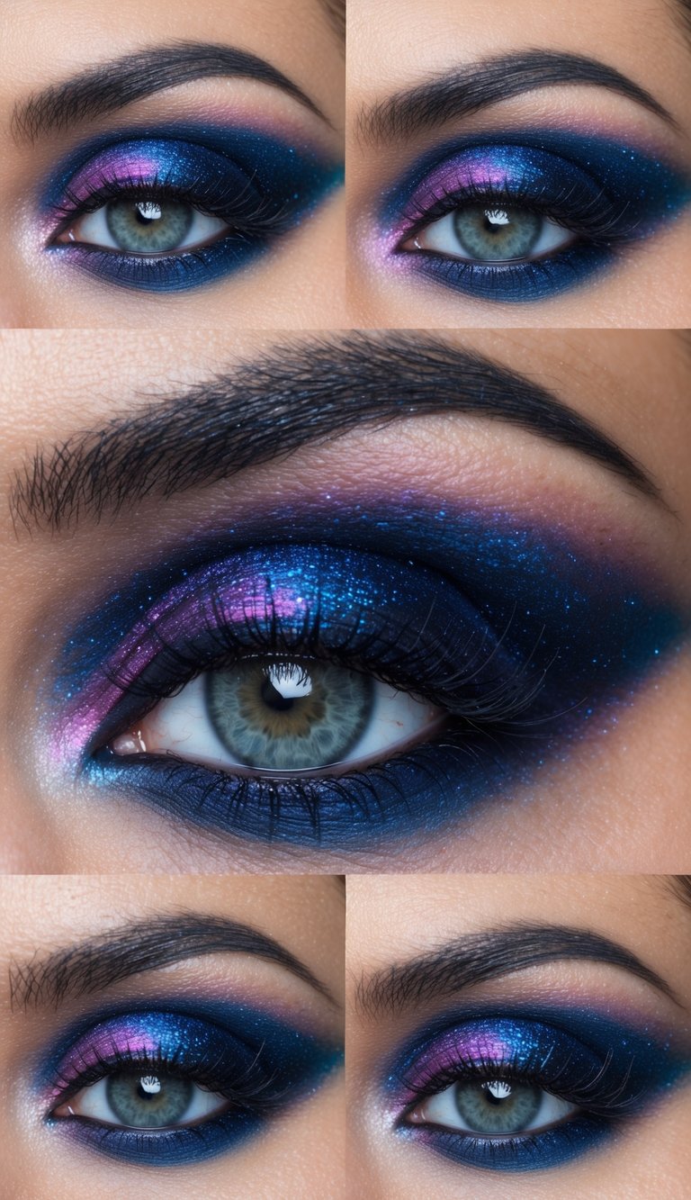 A swirling nebula of deep purples and blues, with hints of pink and gold, creating a cosmic and celestial atmosphere