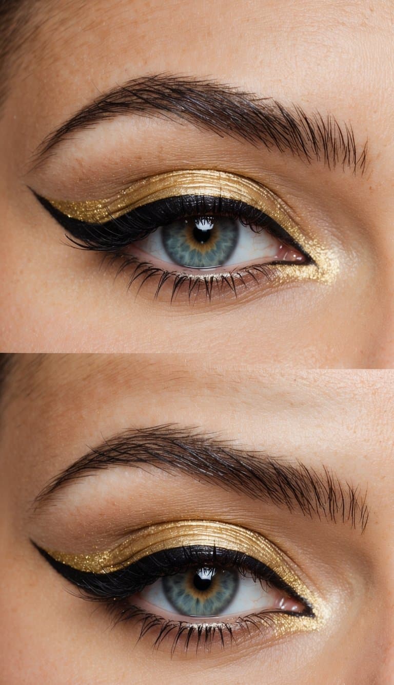 A close-up of an eye with gold liner and bold creases, exuding sophistication and long-lasting glamour