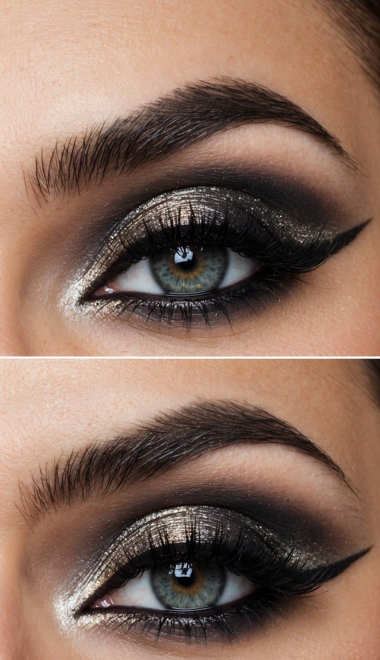 A close-up of a dramatic eye with smokey shadow, shimmering metallic accents, and bold eyeliner