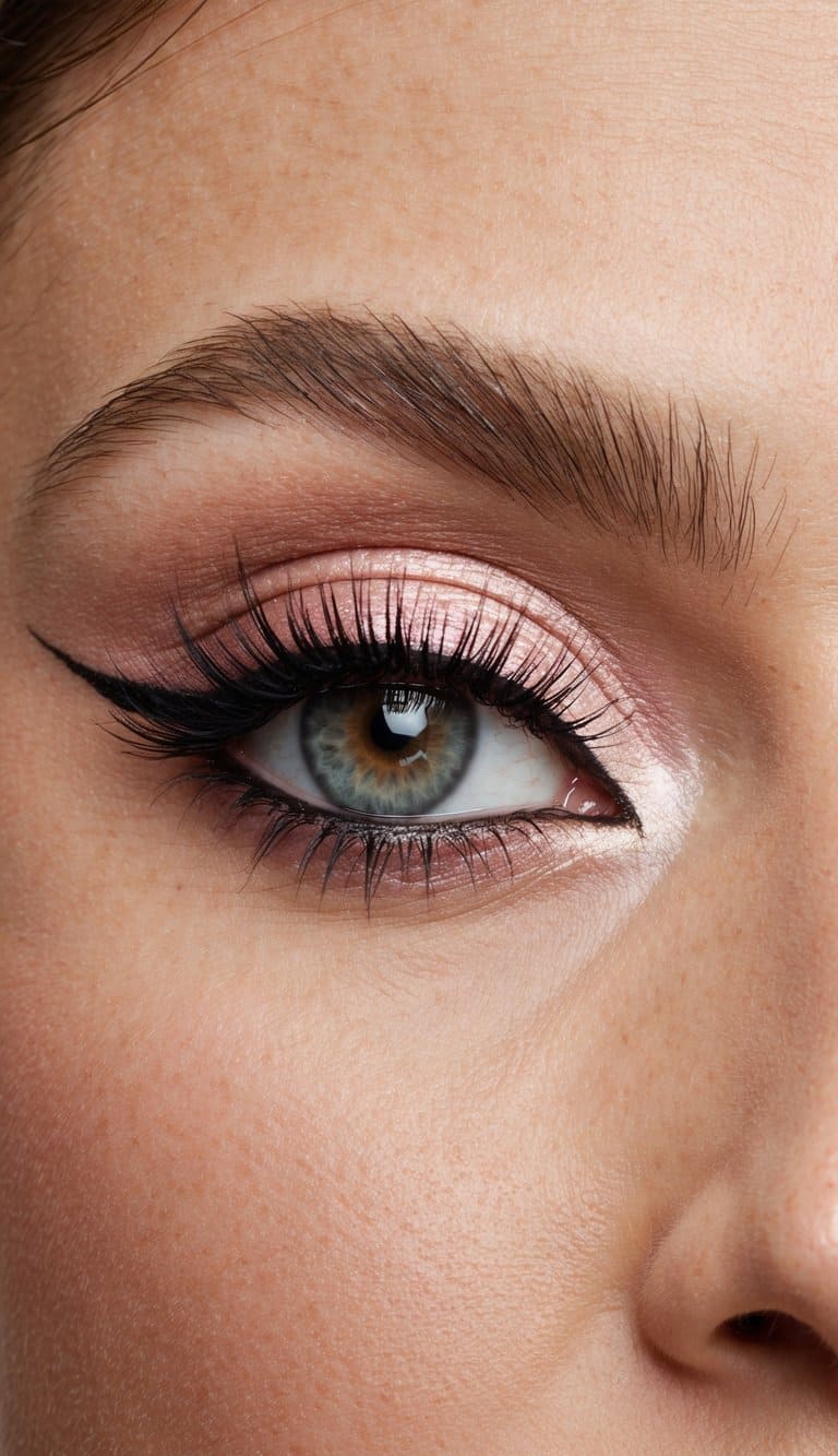 A close-up of a dramatic eye makeup look in ballet pink and ivory, with bold smokey eyes and glamorous shimmer