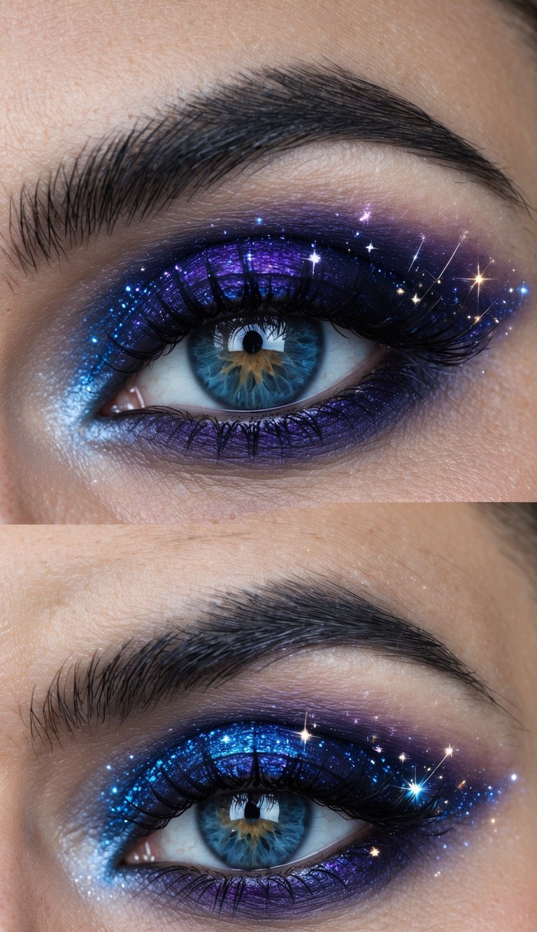 A swirling galaxy of deep purples and blues, with twinkling stars and streaking meteors creating a cosmic and celestial effect