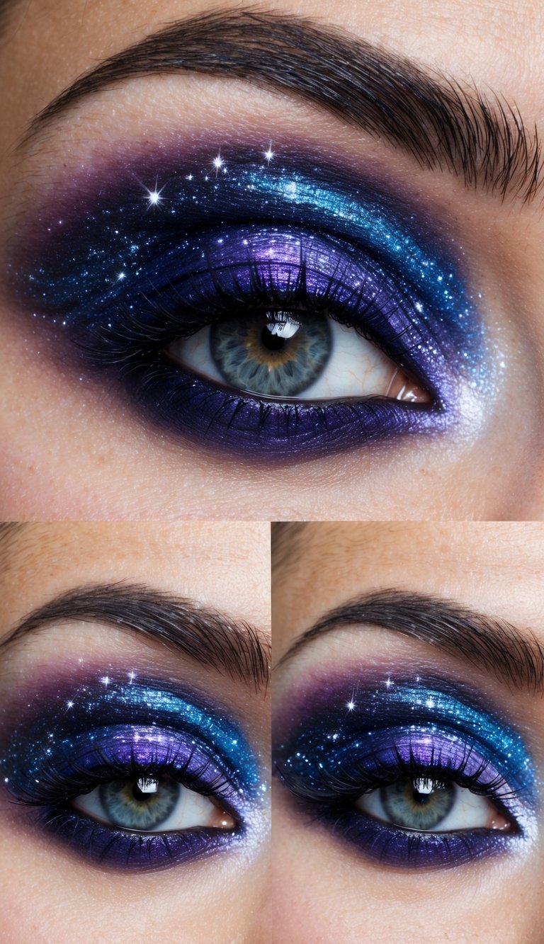 A swirling galaxy of deep purples and cosmic blues, with twinkling stars and streaks of stardust creating a celestial eye makeup design