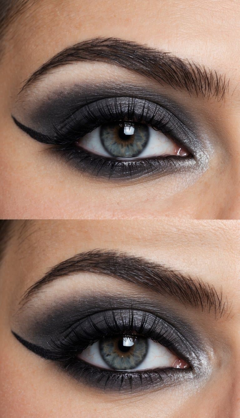 A graphite gray dramatic eye makeup look with a sophisticated and long-lasting appearance