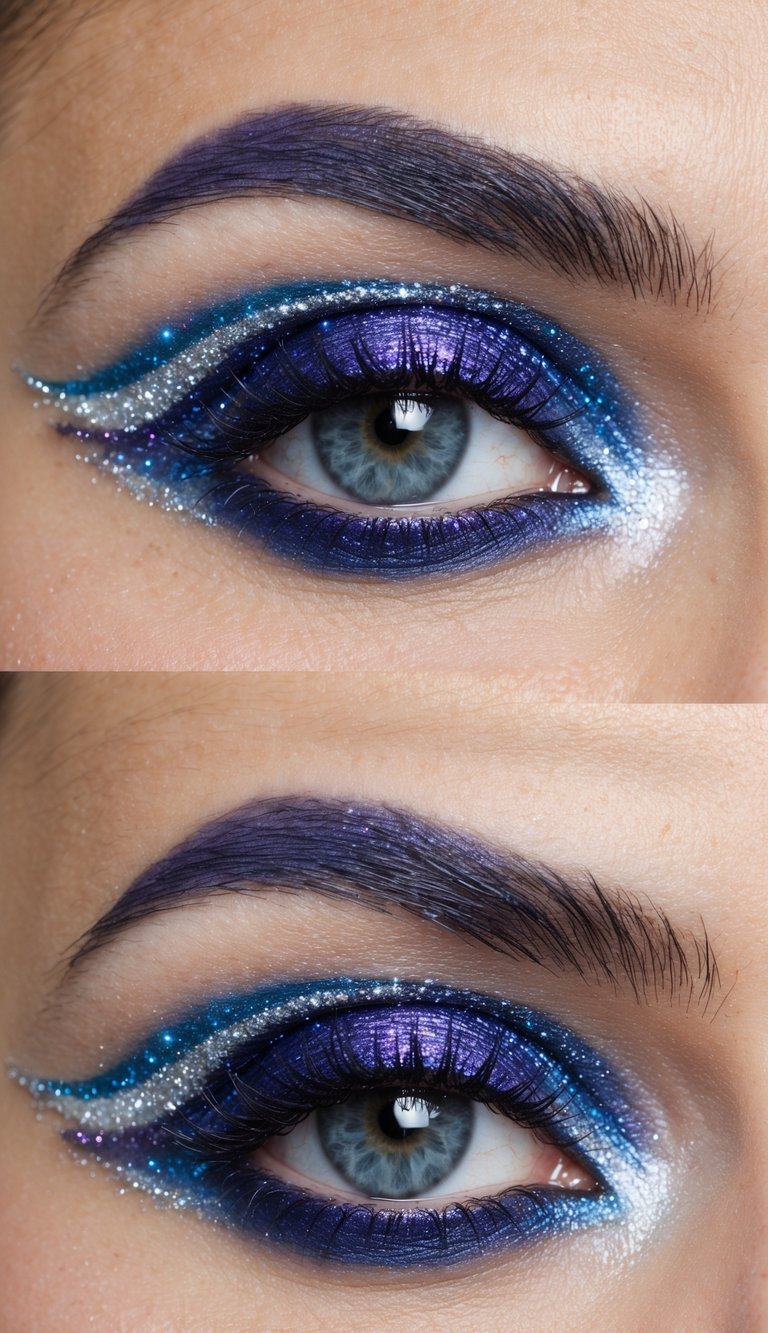 A swirling galaxy of purple, blue, and silver eye makeup, with shimmering comet trails and celestial accents