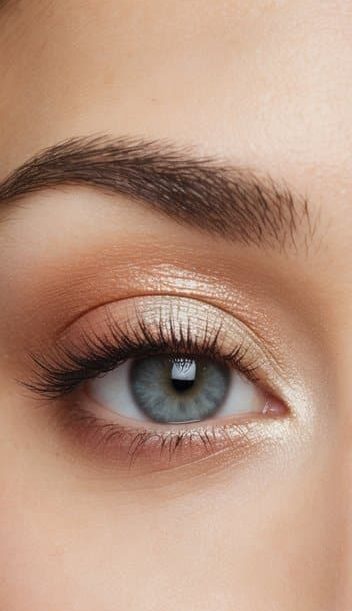 A close-up of a pair of eyes with iridescent peach eyeshadow, creating a sophisticated and long-lasting makeup look