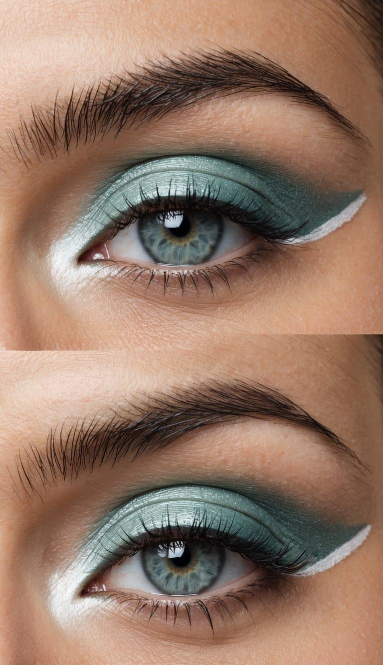 A close-up of an eye with frosted mint eyeshadow and a white liner, creating a sophisticated and long-lasting makeup look