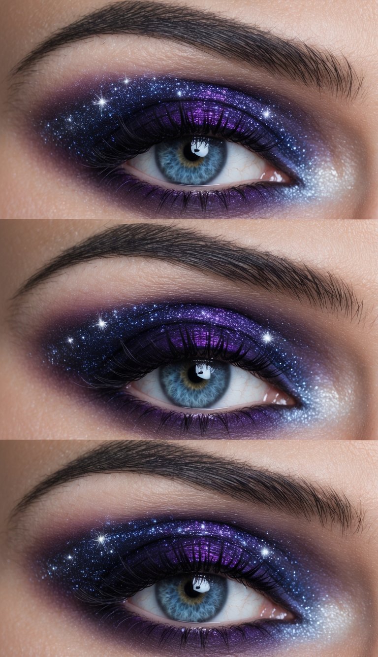 A swirling galaxy of deep purple and celestial hues, with twinkling stars and cosmic dust creating a mesmerizing eye makeup design