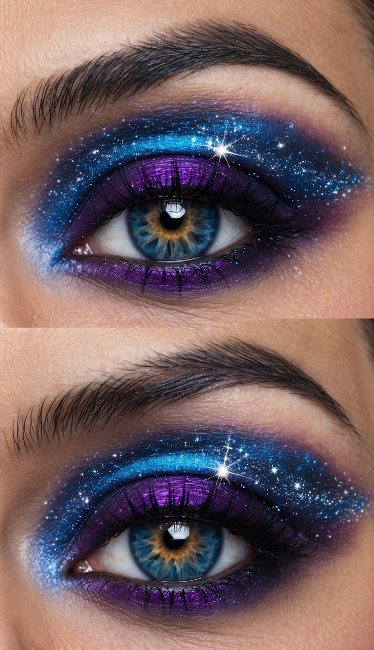 A swirling galaxy of deep purples and blues, with bright starbursts and cosmic dust creating a mesmerizing celestial scene