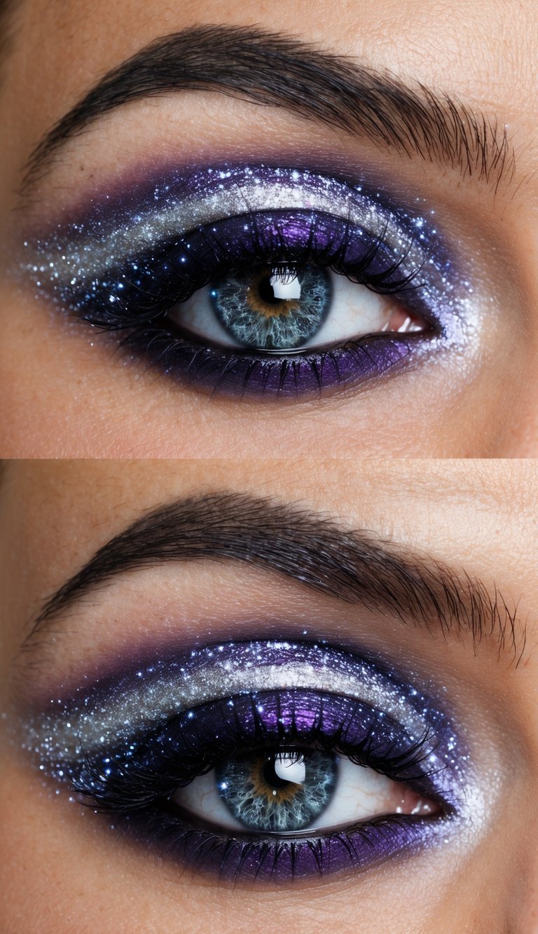 A swirling galaxy of silver sparkles and deep purple hues, reminiscent of cosmic and celestial beauty