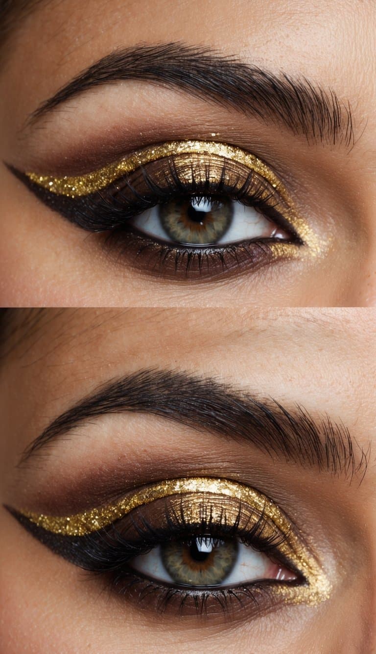 A close-up of an eye with chocolate-tinted eyeshadow and gold dust accents, creating a sophisticated and long-lasting graduation makeup look